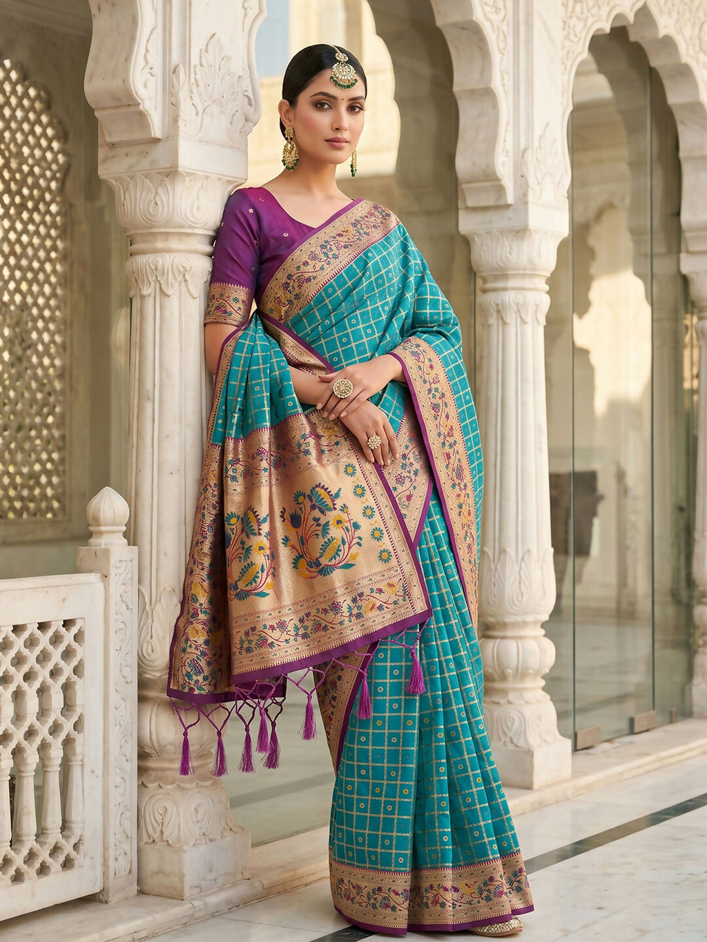 Turquoise Banarasi Silk Blend Saree with Matching Blouse Piece