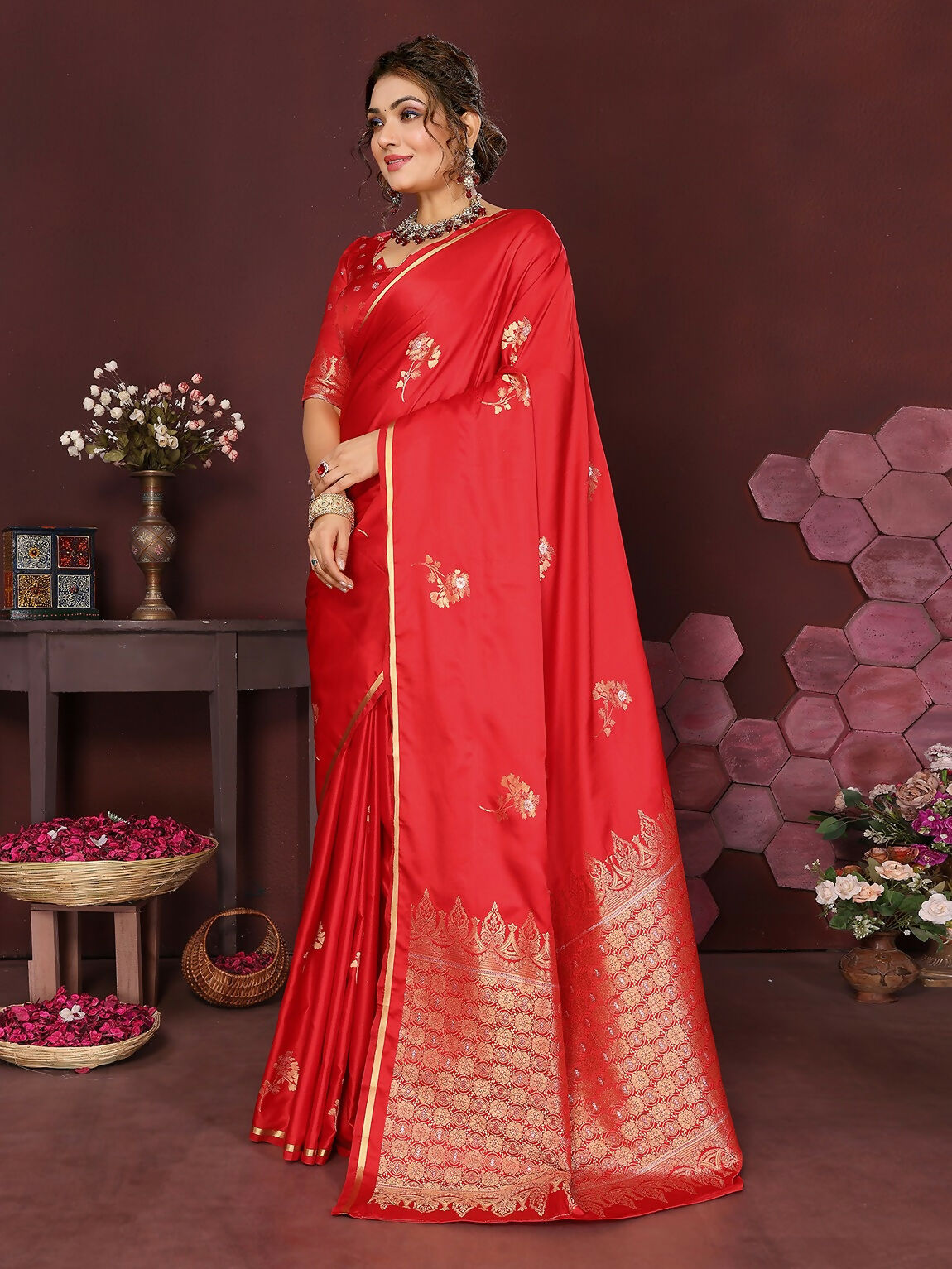 Red Floral Banarasi Satin Silk Saree with Unstitched Blouse