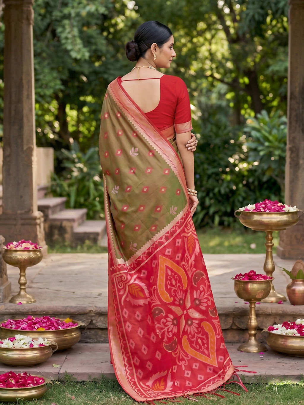 Mehndi Soft Silk Saree with Matching Soft Silk Blouse