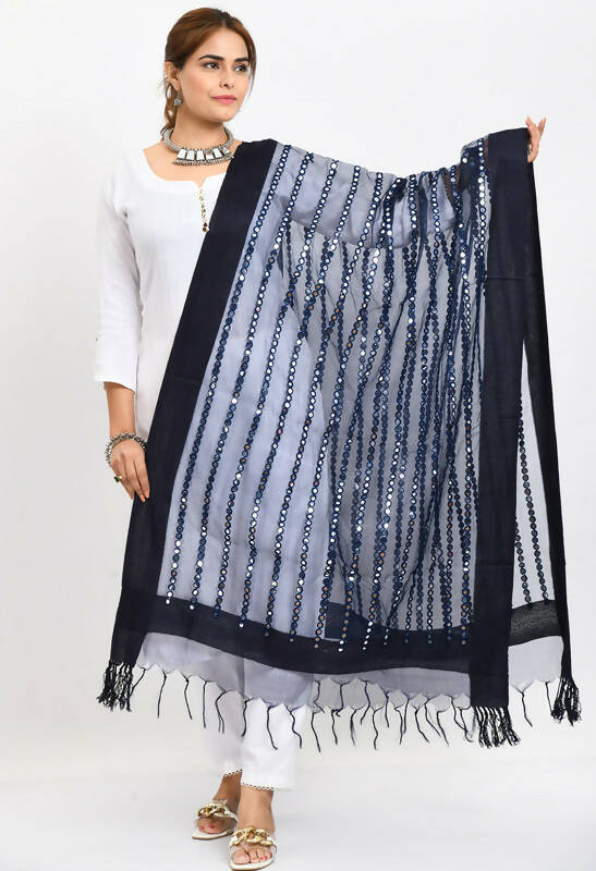 Navy Blue Organza Dupatta with mirror stripes and intricate thread embroidery