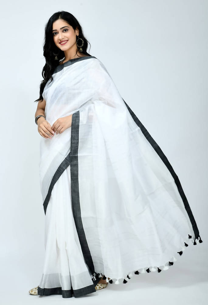 White Bhagalpuri Handloom Silk Saree with Contrasting Black Blouse