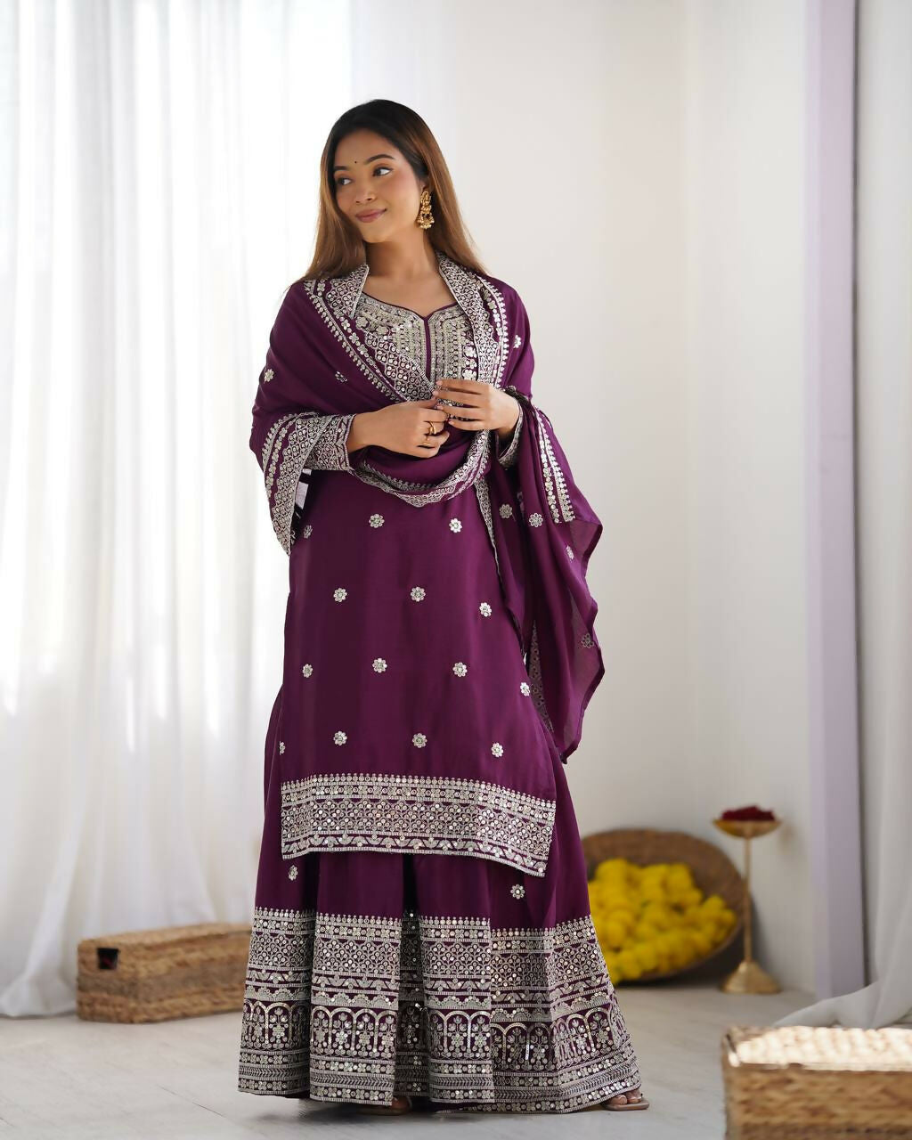 Wine Silk Kurta Set with Sequins, Zari & Thread Embroidery