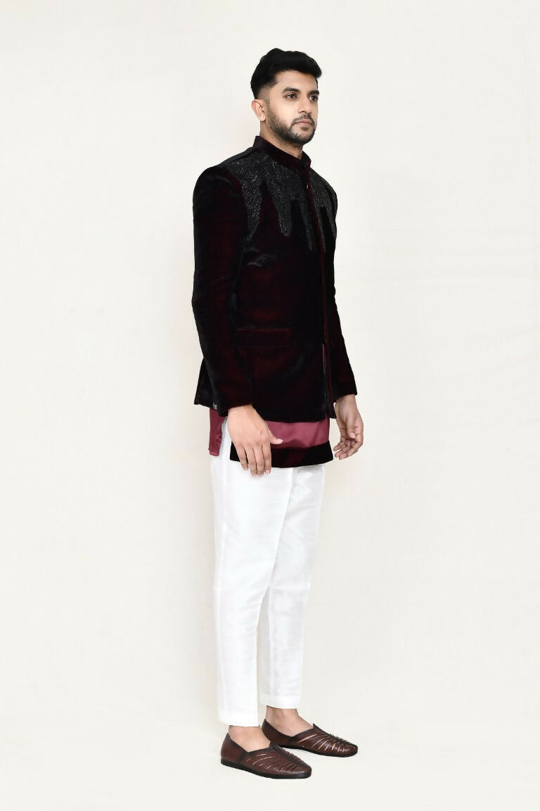 Men's Maroon Satin Silk Prince Coat, Kurta and Pant Set