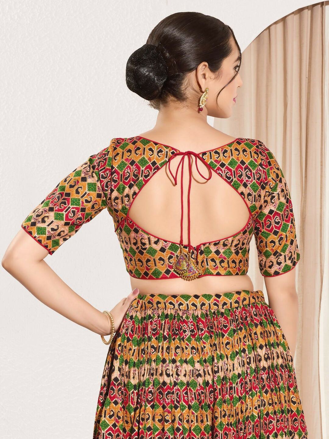 Red Brocade Padded Blouse with Sweetheart Neck and Elbow Sleeves