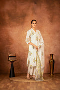 Off white and yellow hand block printed cotton suit set