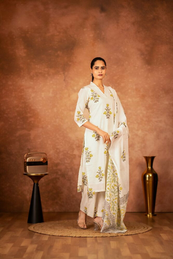 Off white and yellow hand block printed cotton suit set