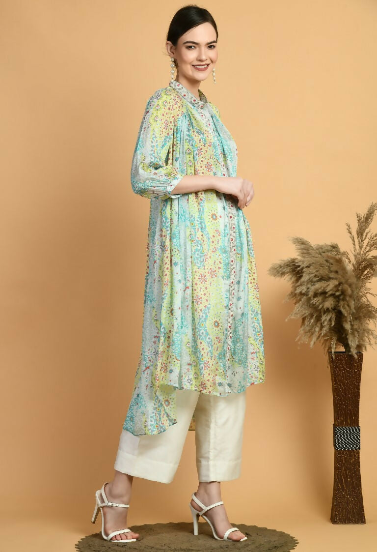 Mint Green Chiffon Midi Kurta Set with Geometric Print