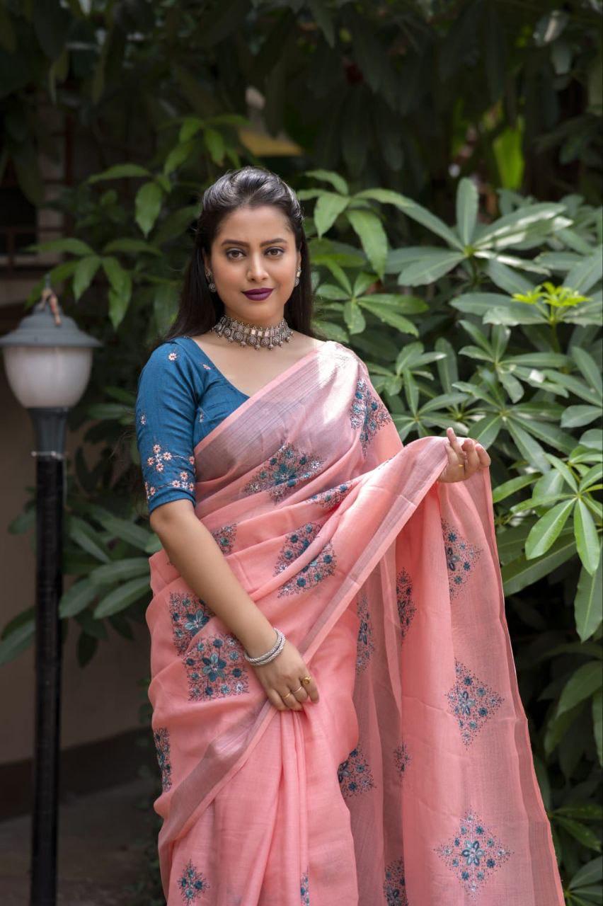 Brick Pure Linen Ethnic Motifs Saree with Unstitched Blouse