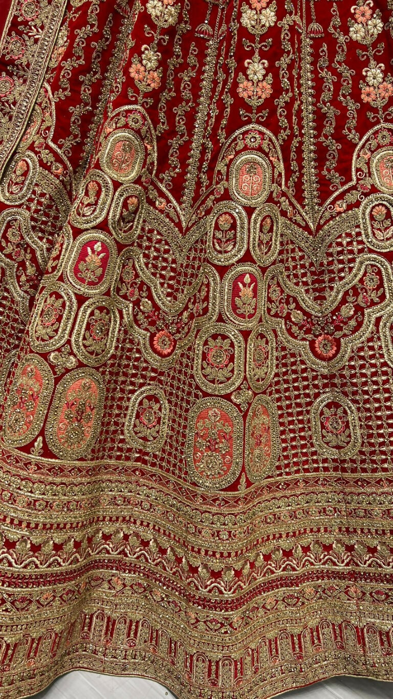 Red Velvet Wedding Lehenga Choli with Zircon Diamond Embroidery