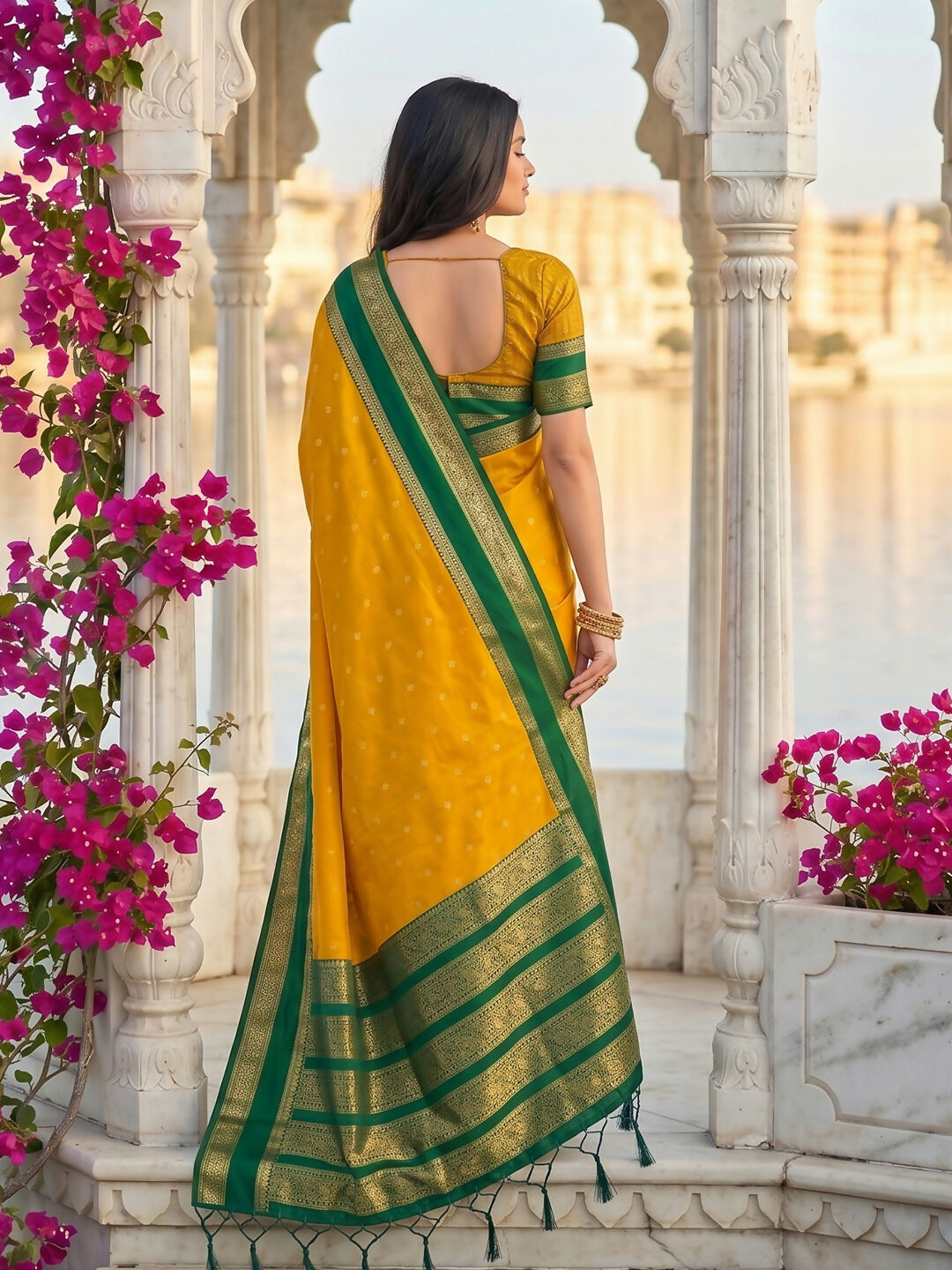 Yellow Silk Blend Saree with Matching Blouse Fabric