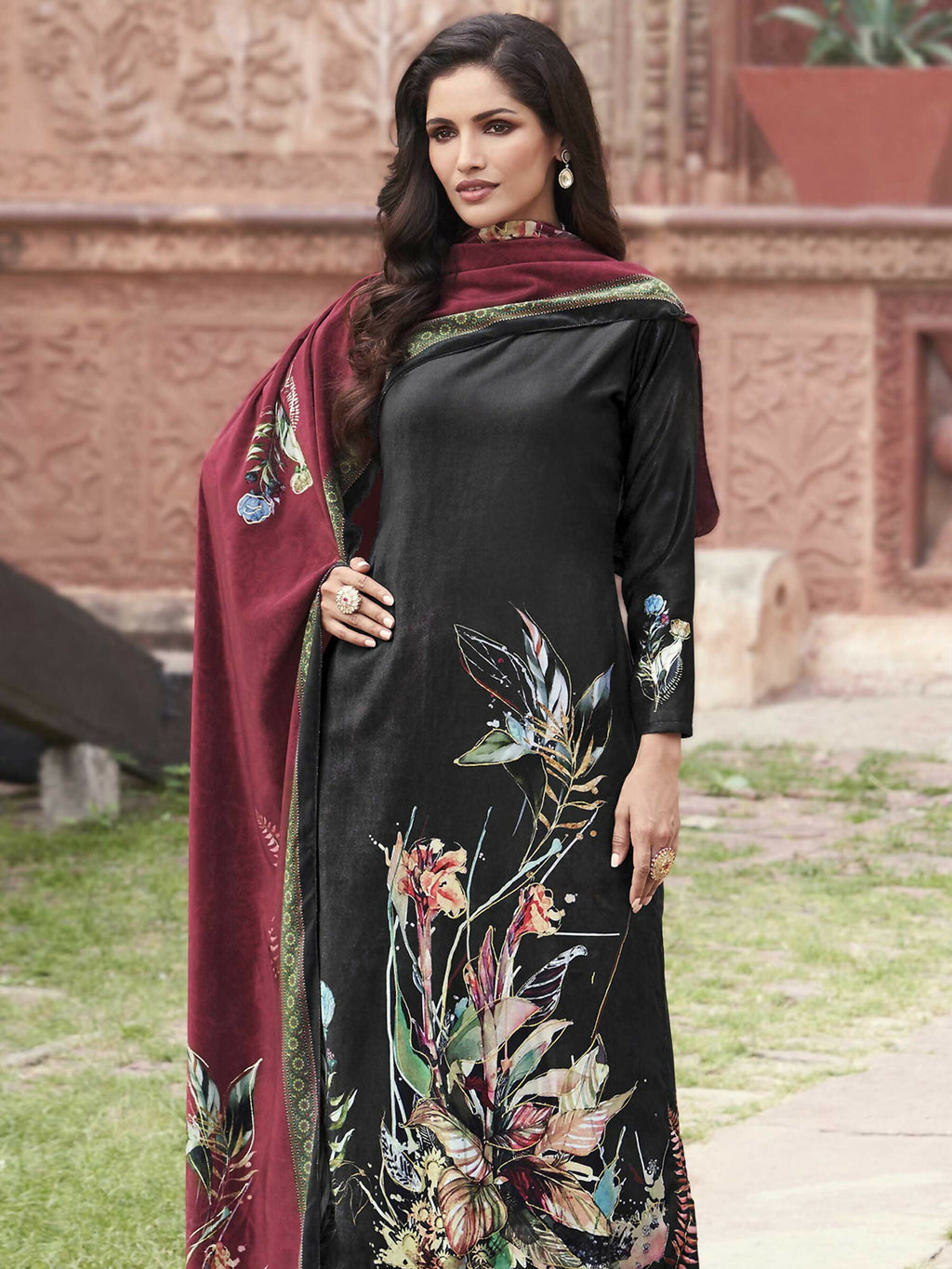 Women's Black Velvet Floral Digital Printed Straight Kurta Set