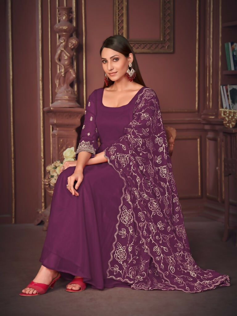 Women's Purple Georgette Embroidered Anarkali Kurta Pant Set