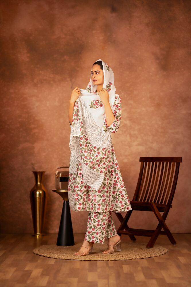 Red Green Hand Block Printed Cotton Suit Set