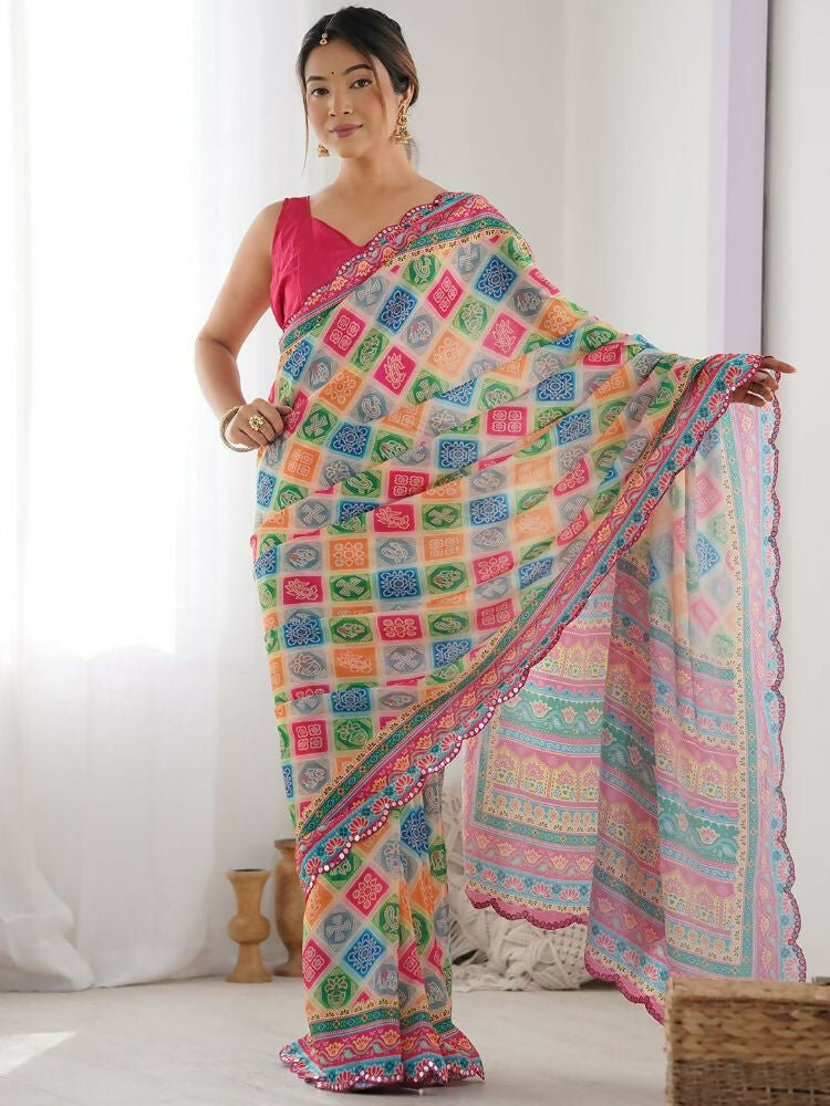 Multi-Color Georgette Digital Print Saree With Mirror Work