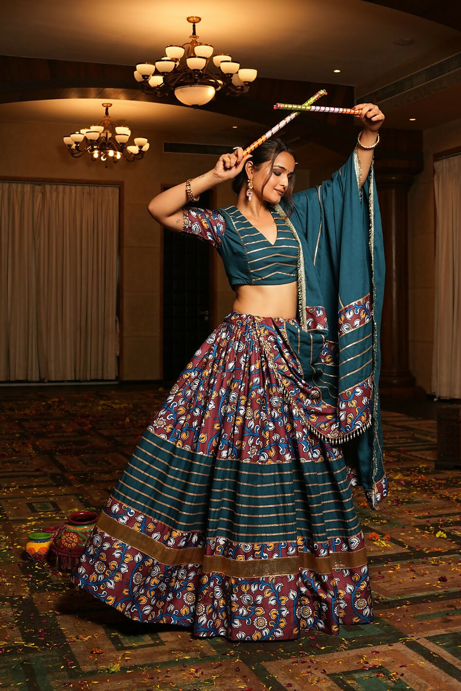 Rama Crepe Floral Designer Navratri Lehenga Choli Set