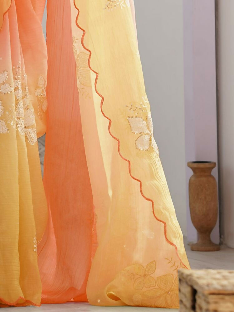 Orange Gold Crush Embroidered Saree with Roto Banglori Blouse