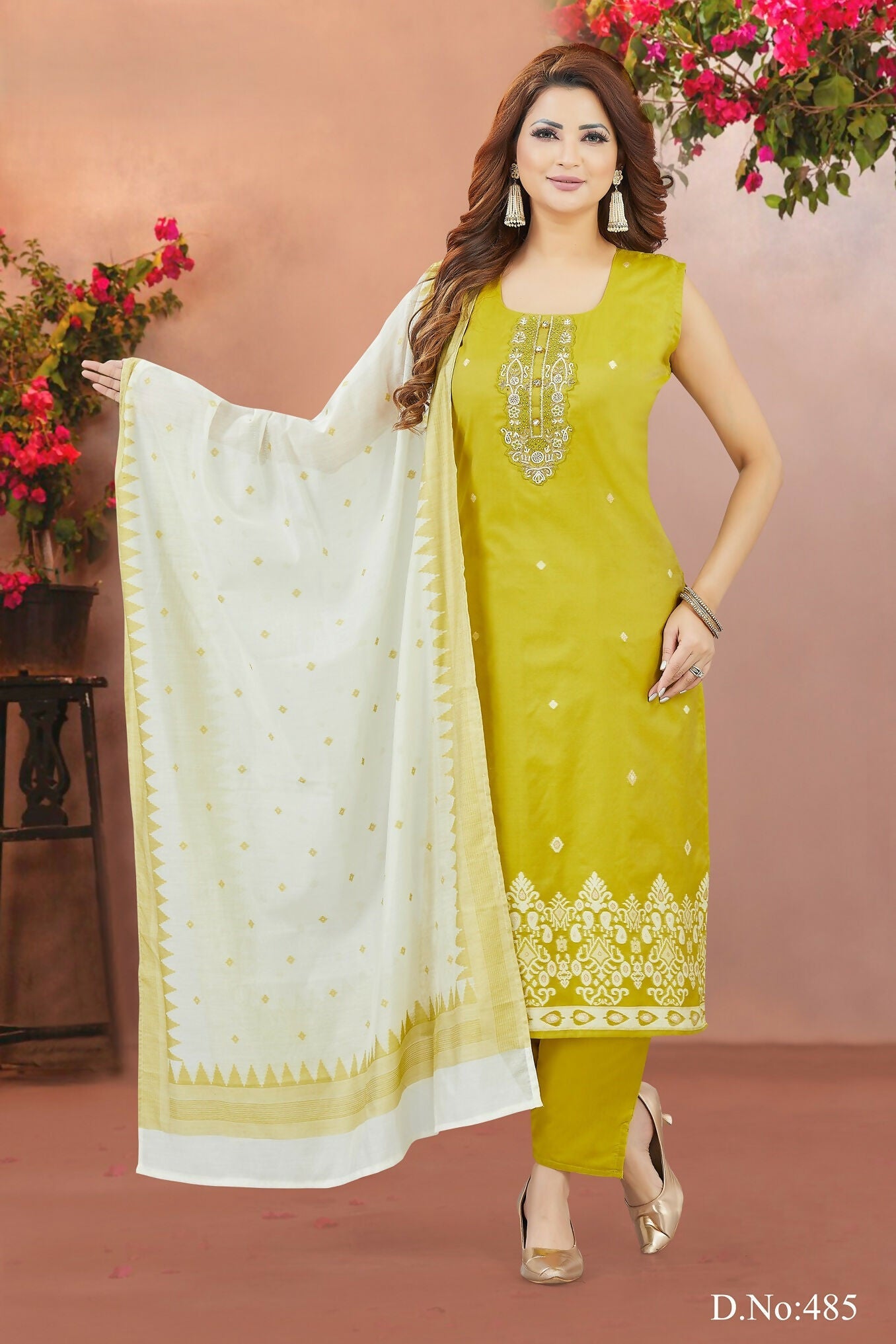 Joban Fashion Women Chanderi Silk Yellow Round Neck Emroidery Kurta Set