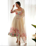 Elegant 3-piece cream organza kurta set with delicate sequin embroidery work