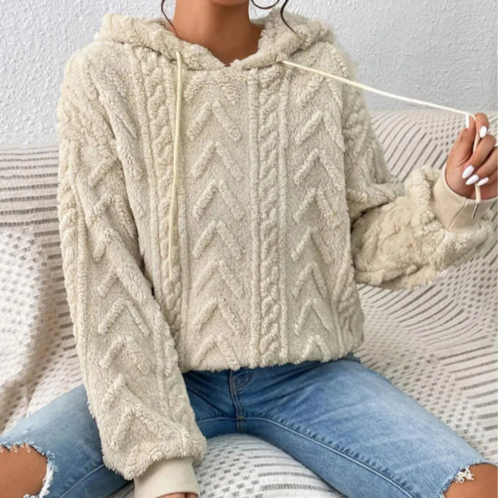 Women's Plush Textured Pullover Hoodie with Drawstring - Image 8