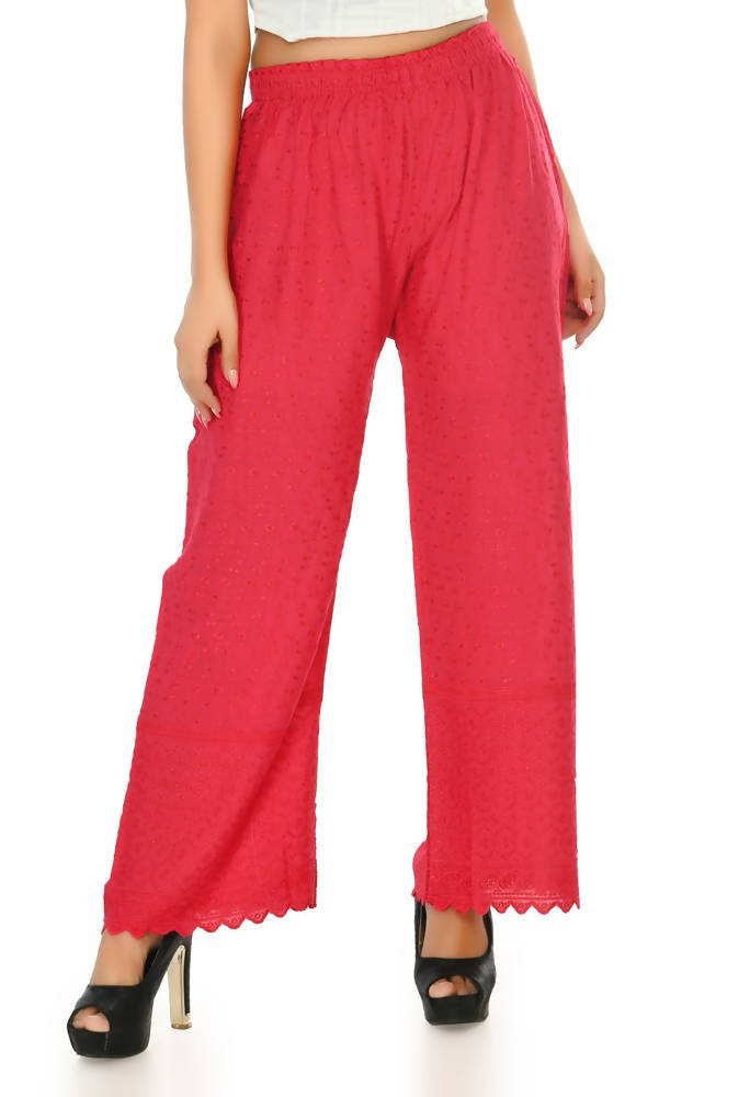 Magenta rayon cotton palazzo pants with delicate Chikankari work