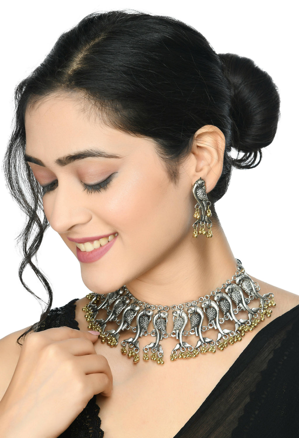 Oxidised Silver-Plated Peacock Choker Necklace for Ethnic Wear