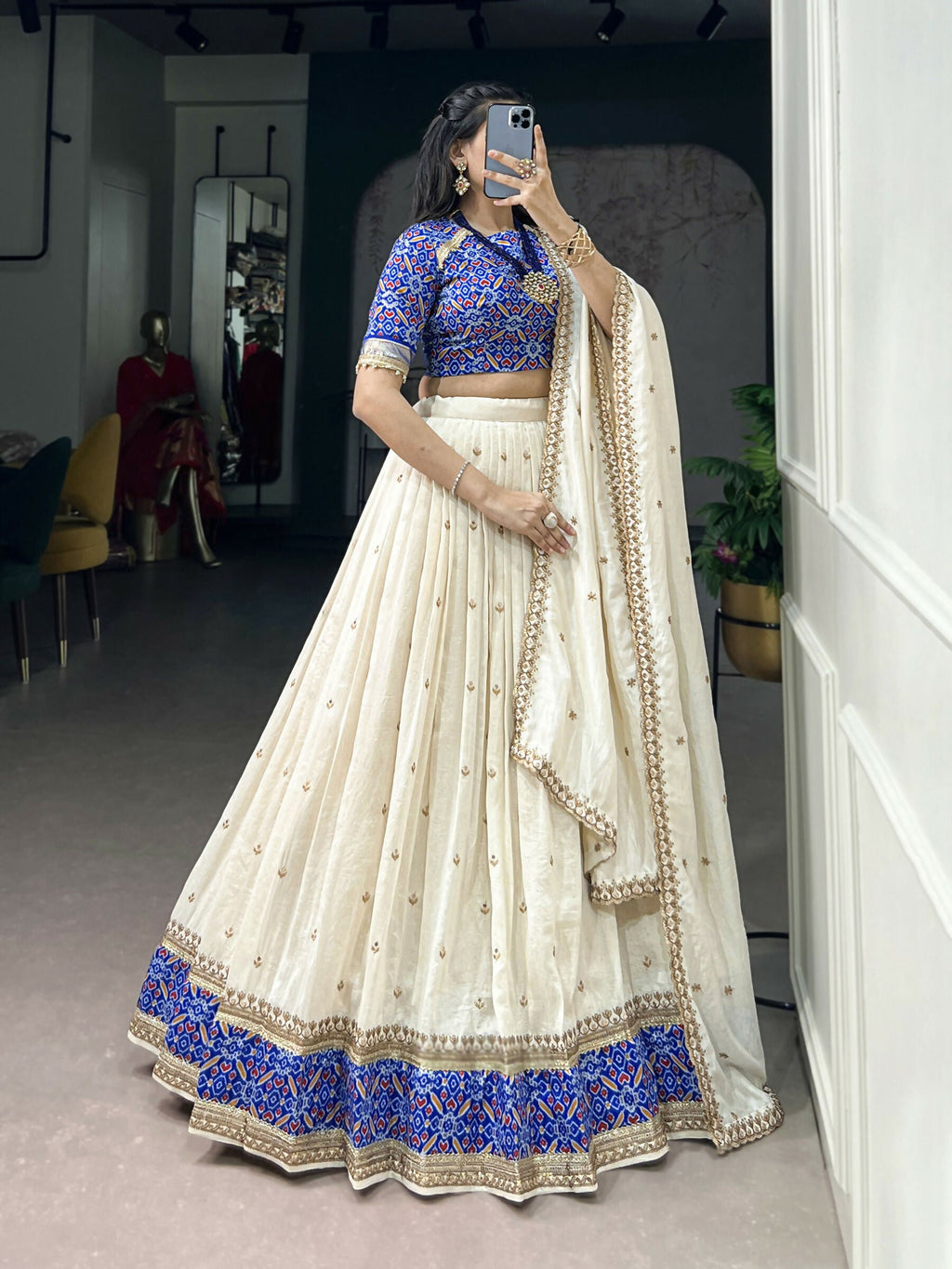 White Vichitra Silk Lehenga Choli with Sequins and Embroidery