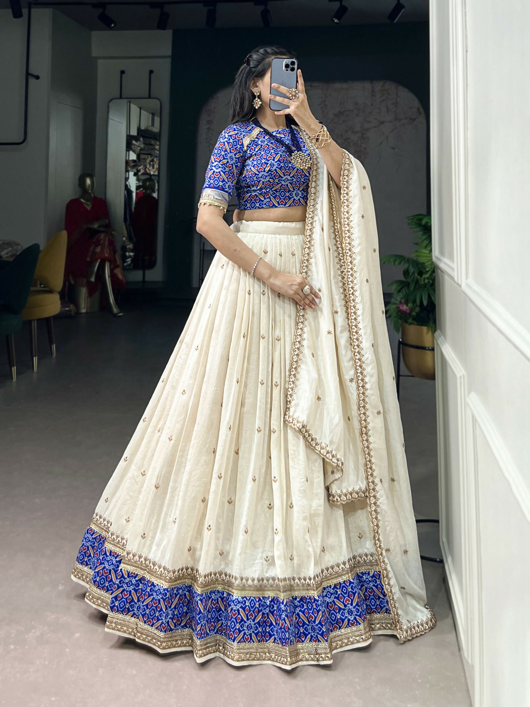 White Vichitra Silk Lehenga Choli with Sequins and Embroidery