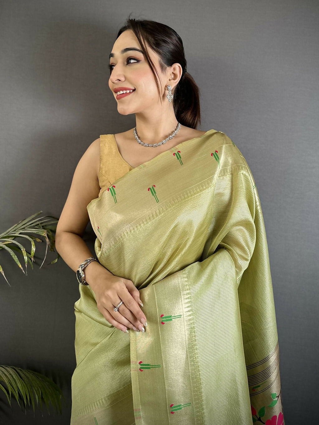 Pista Green Peacock & Floral Motif Tissue Paithani Saree Set