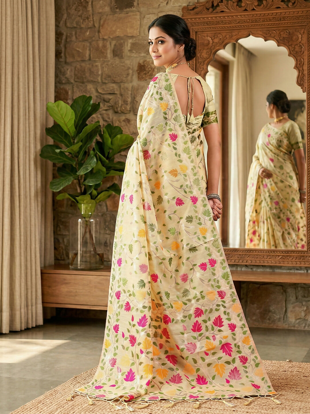 Cream Linen Cotton Saree with Matching Blouse Piece