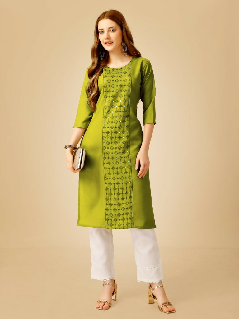 Women's Green Cotton Blend Embroidered Sequence Kurta with pants