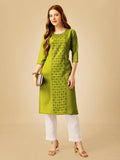 Women's Green Cotton Blend Embroidered Sequence Kurta with pants