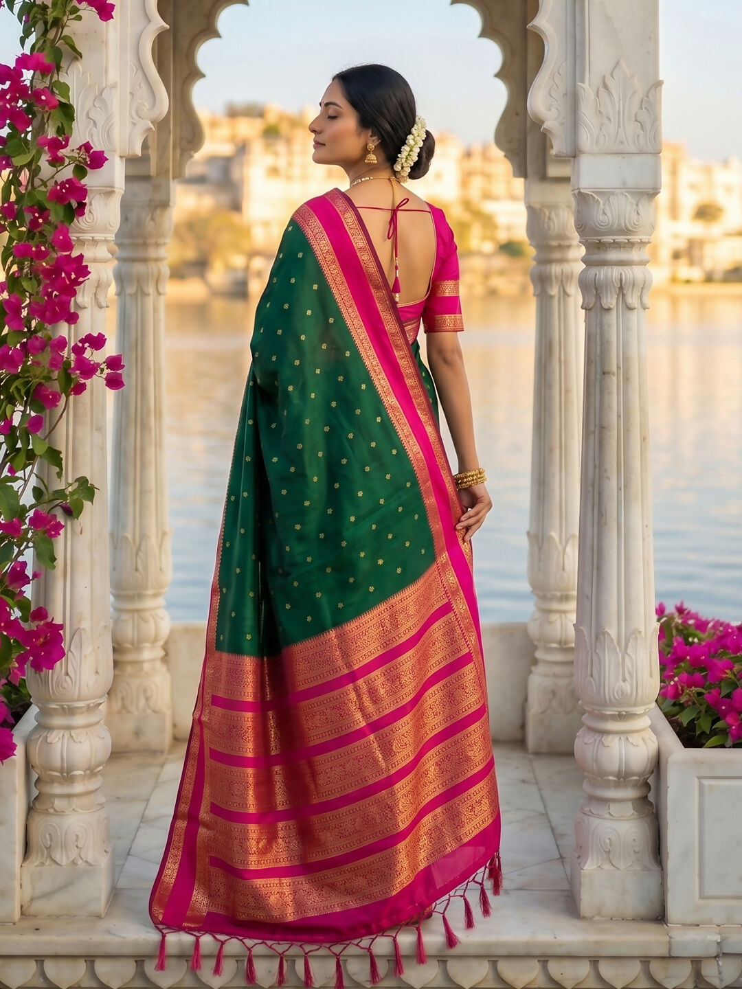 Dark Green Silk Blend Saree with Matching Blouse Piece