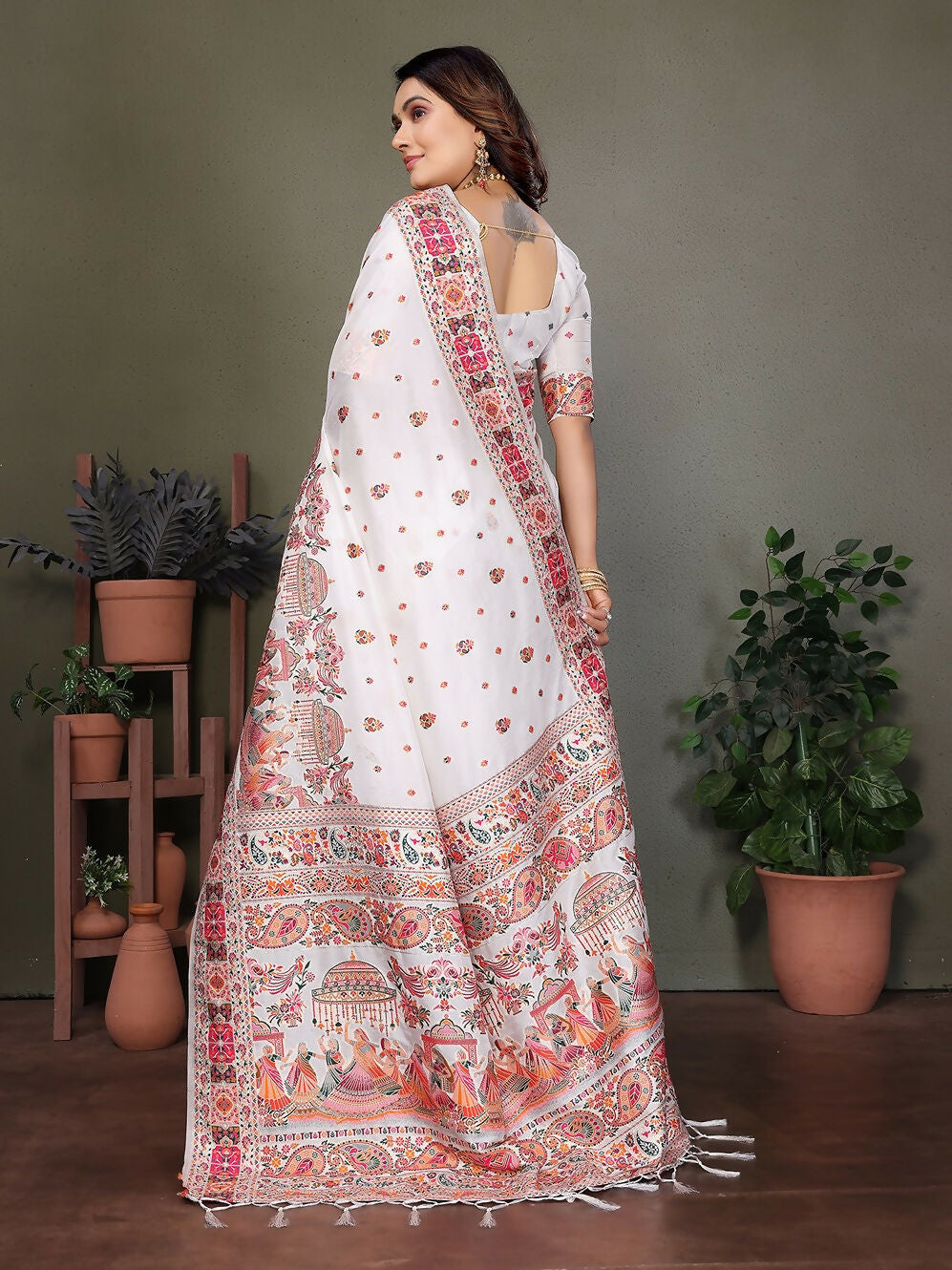 White Soft Silk Pashmina Saree with Thread Weave Detailing