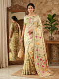 A beautiful cream linen cotton saree with a matching blouse piece, elegant and breathable.