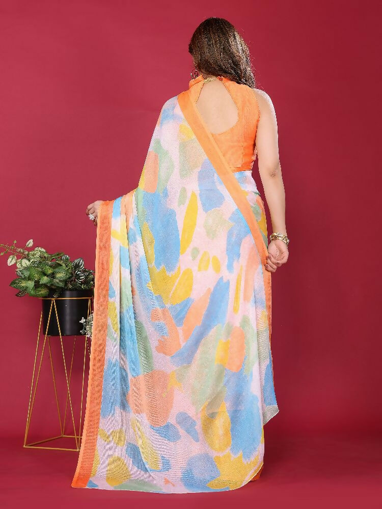 Orange Moss Chiffon Printed Saree with Matching Blouse