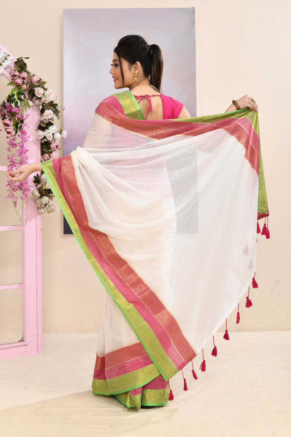 Off White Cotton Saree with Embellished Zari Border