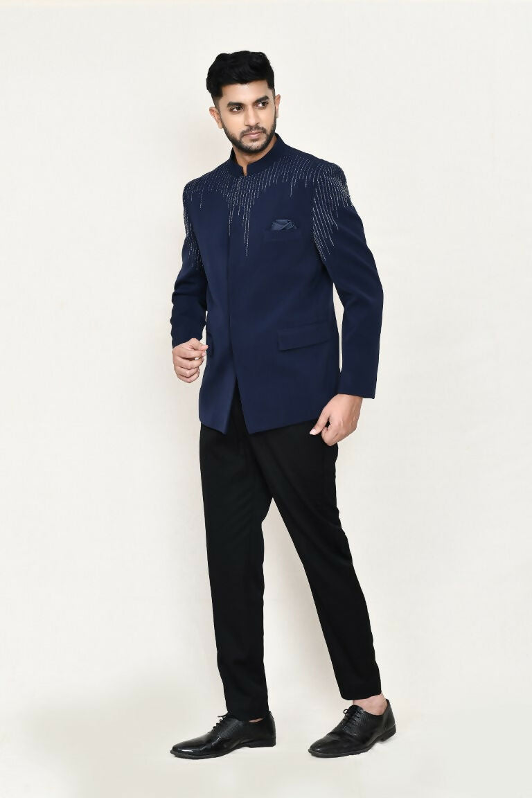 Blue Terry Rayon Prince Coat with Matching Pant Set