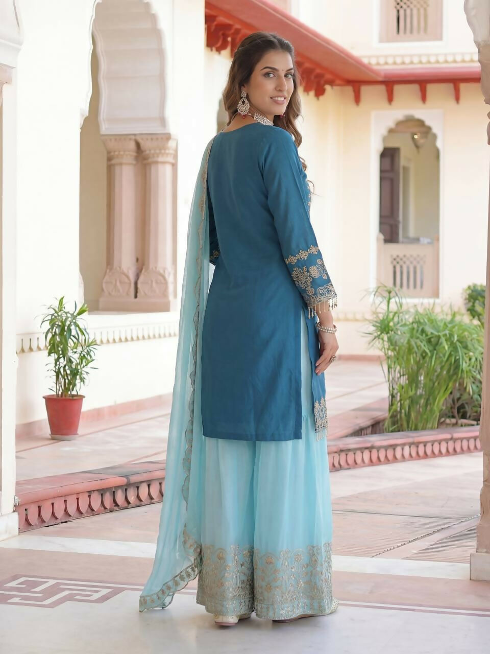 Blue Silk Embroidered Sharara Set for Traditional Occasions