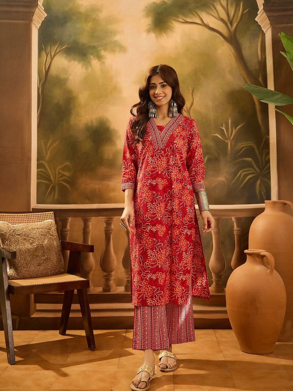 Printed Red Pure Cotton Kurta Set for Women