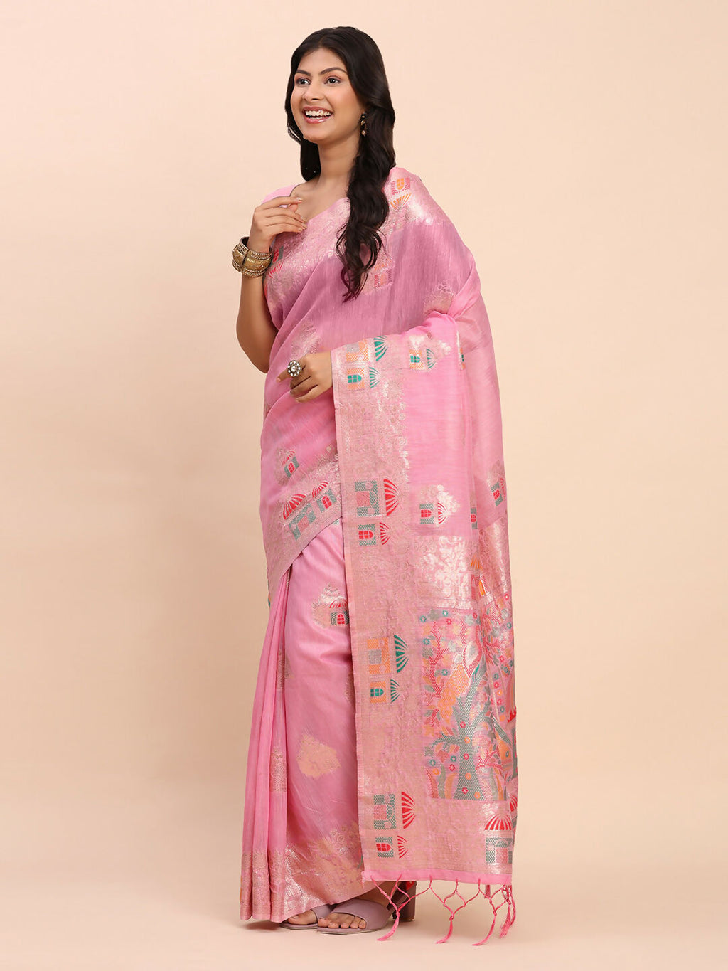 Pink Linen Cotton Saree with Matching Blouse Piece
