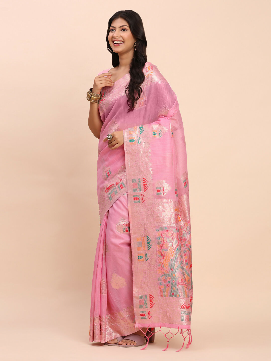 Pink Linen Cotton Saree with Matching Blouse Piece