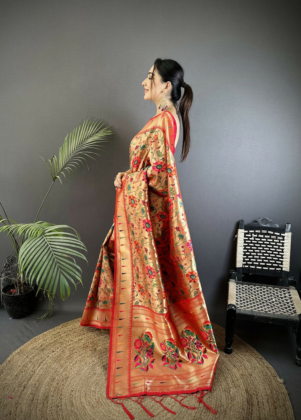 Light Orange Floral and Peacock Motif Soft Silk Paithani Saree
