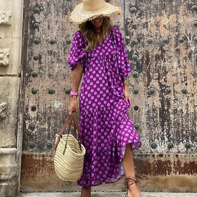 Women's Diamond Print Maxi Dress with V-Neck and Puff Sleeves