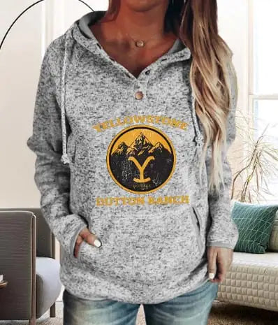 Women Grey Yellowstone Dutton Ranch Graphic Hooded Pullover Sweater