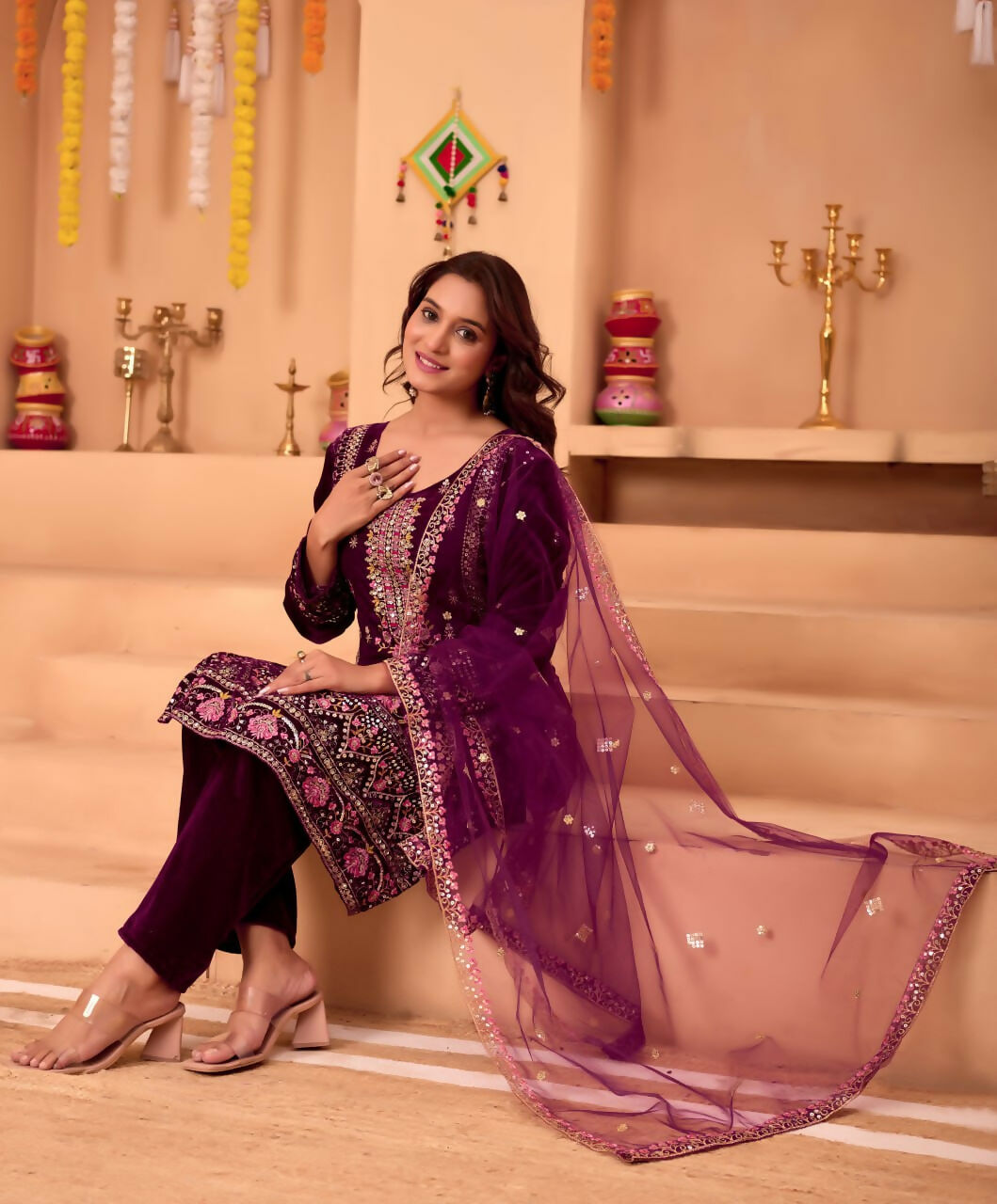 Purple Velvet Embroidered Kurta Set with Sequence Work