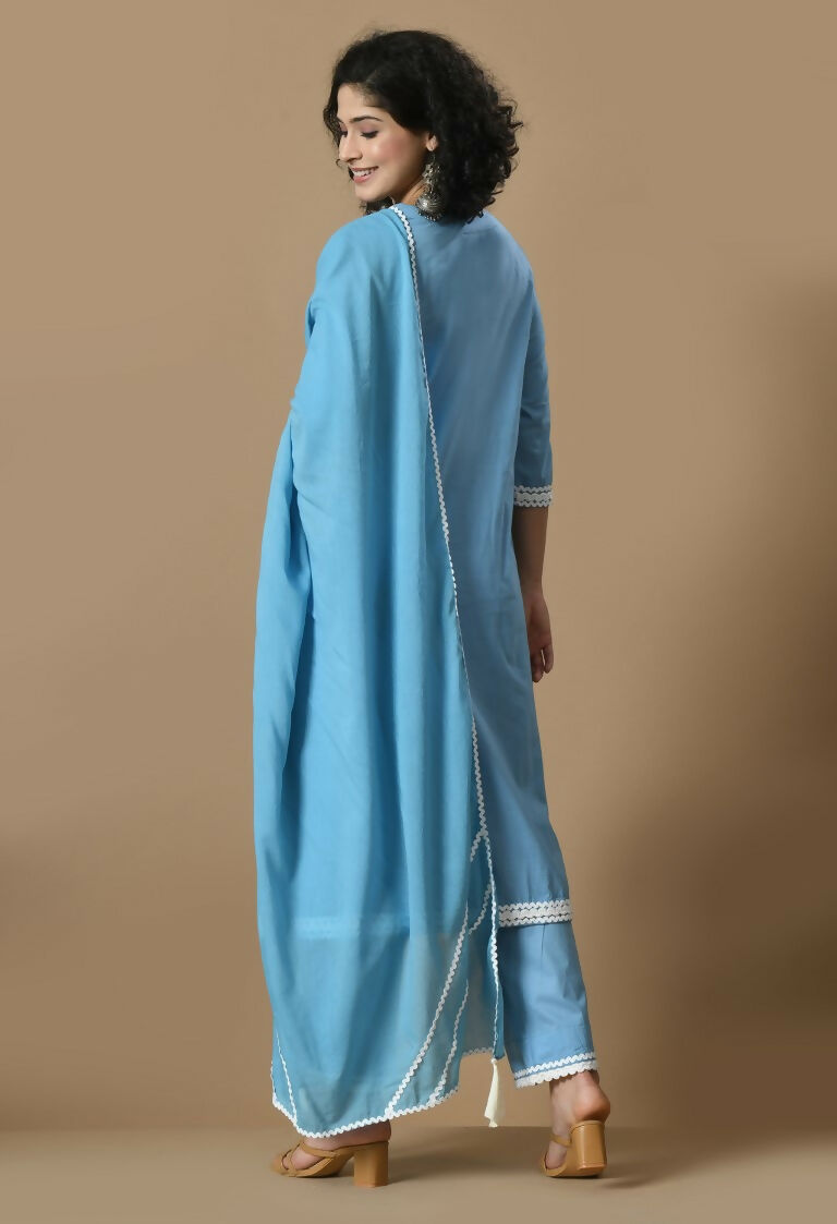 L.Blue Cotton Kurta Set with Organza Dupatta