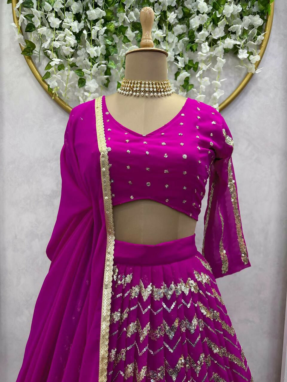 Wine Faux Georgette Sequin Embroidered Lehenga Choli Set