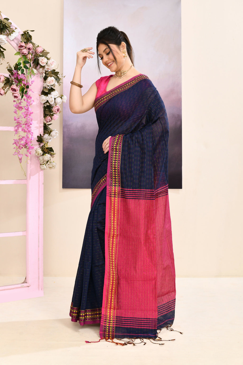 Navy Blue Embellished Cotton Blend Jamdani Saree