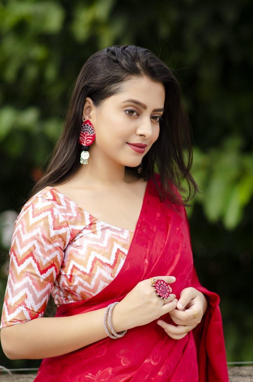 Red Silk Blend Saree with Butterfly Motifs and Mulberry Silk Blouse