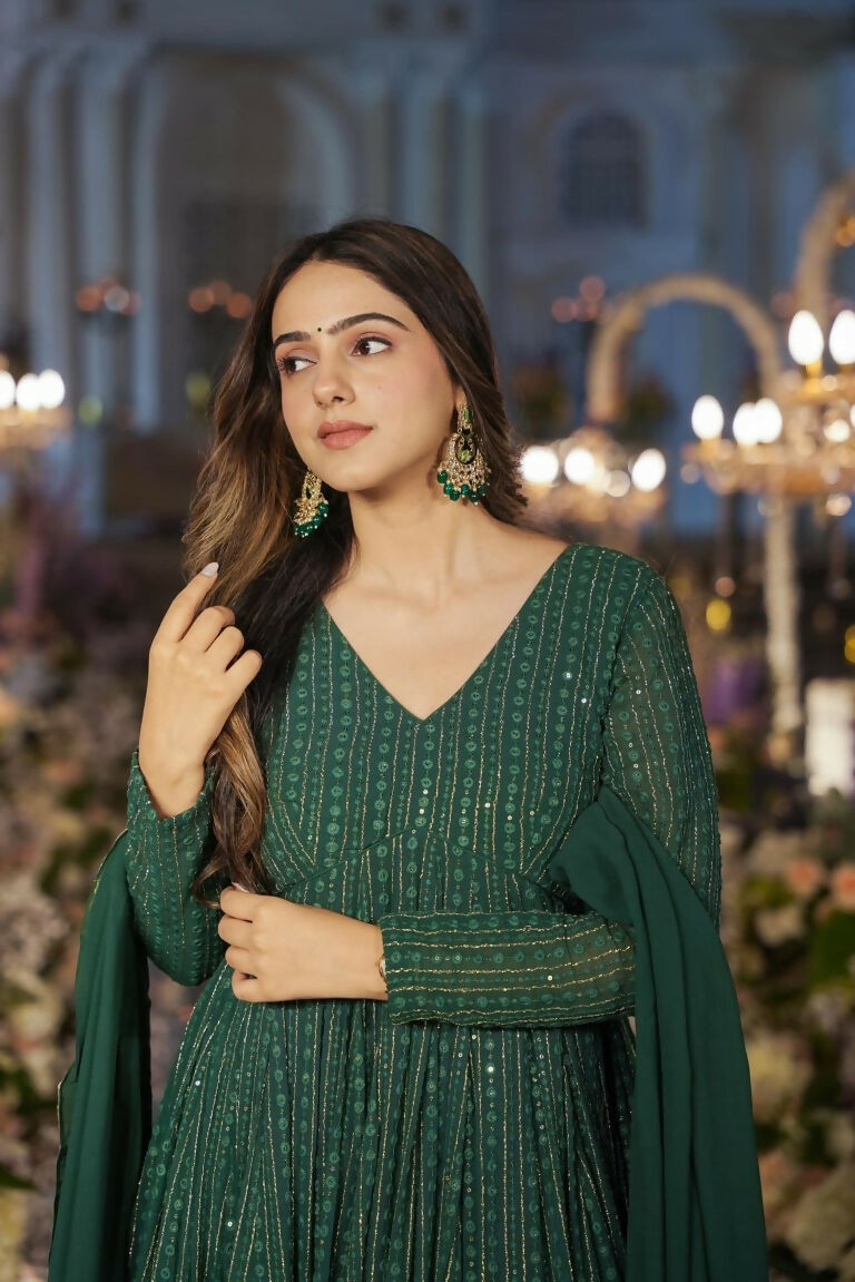 Green Faux Georgette Anarkali Dress with Zari & Sequence